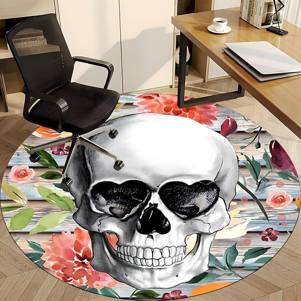 1pc Skull Floral Decor Chair Carpet for Office, Round Polyester Mat, Indoor Decor for Office, Easycare Fabric, Washable Non-slip Area Carpet