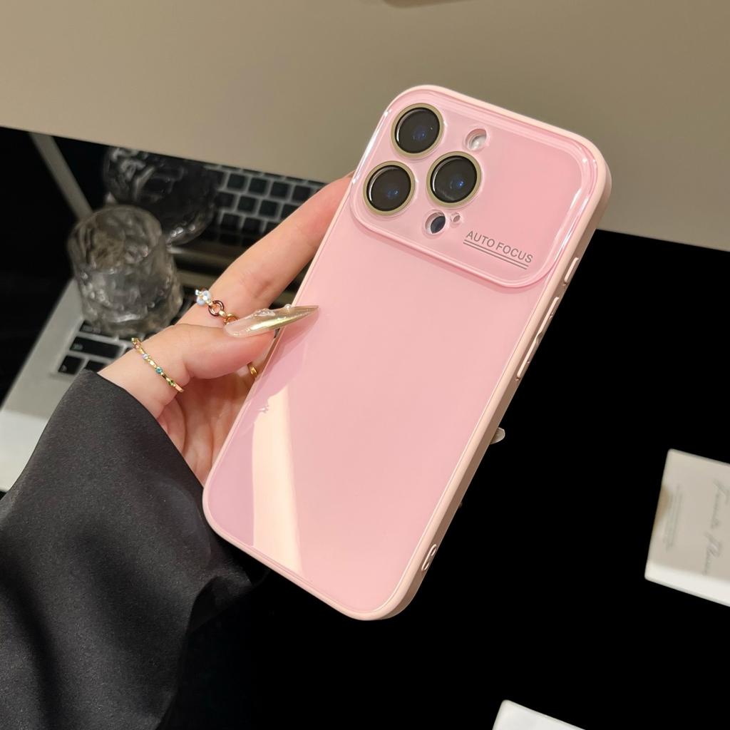 Luxury Glossy Tempered Glass Phone Case for iPhone 17 16 15 14 13 12 11 Pro Max Large Window Lens Protect Shockproof Armor Cover