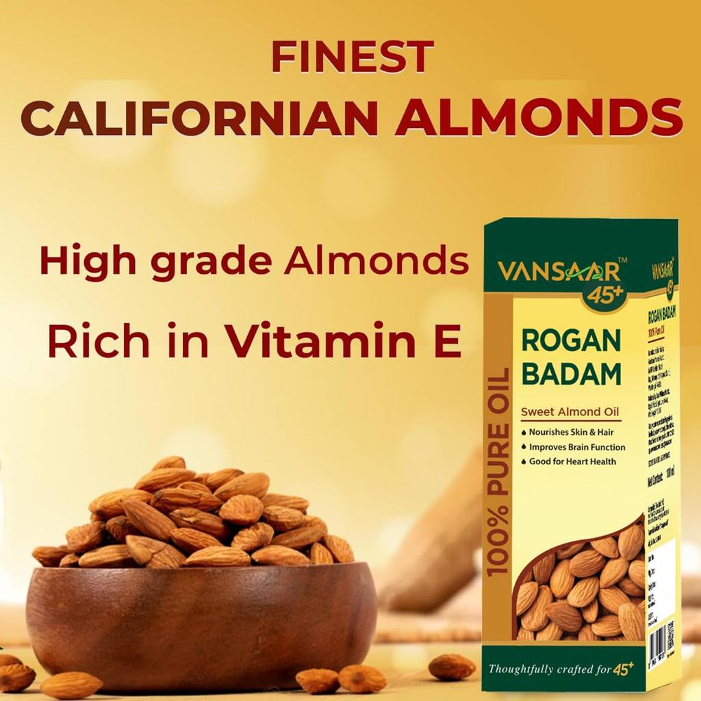 Vansaar 45+ Rogan Badam Oil 50ml Cold Pressed Sweet Almond Oil For Skin Brightening & Hair Shine Nourishment With Natural Californian Almonds