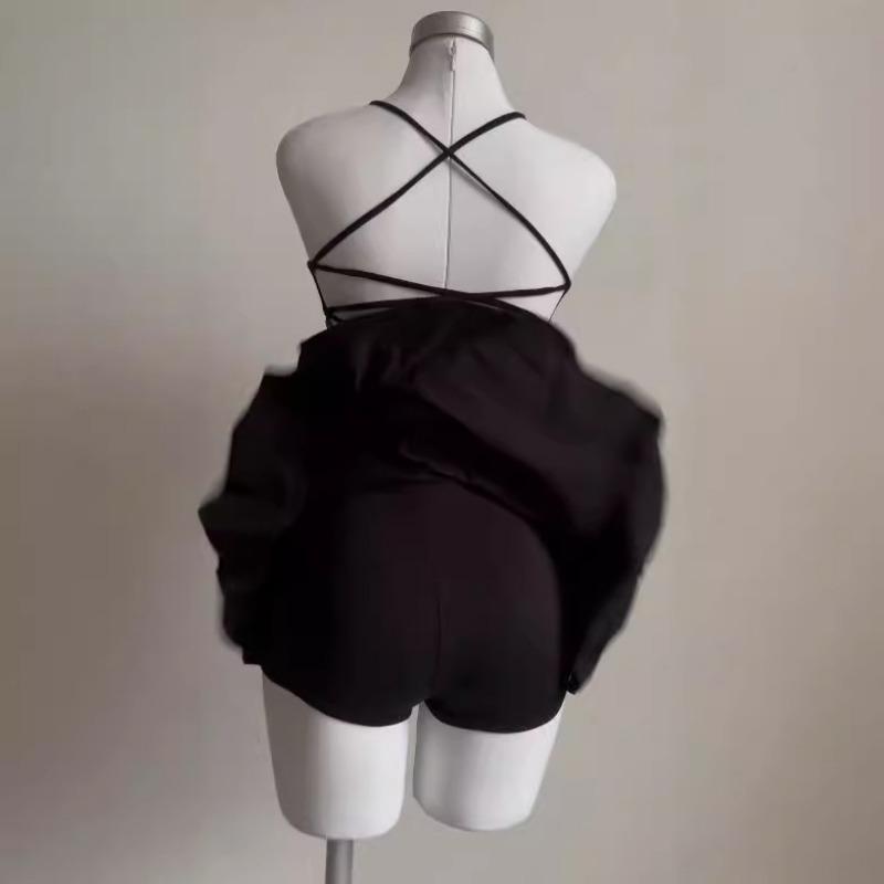 Summer Elegant Suspender Crop Tops Short Skirts 2 Two Piece Set Sleeveless Fashion Casual Sexy Backless Bandage Black Skirt Simple Clothing