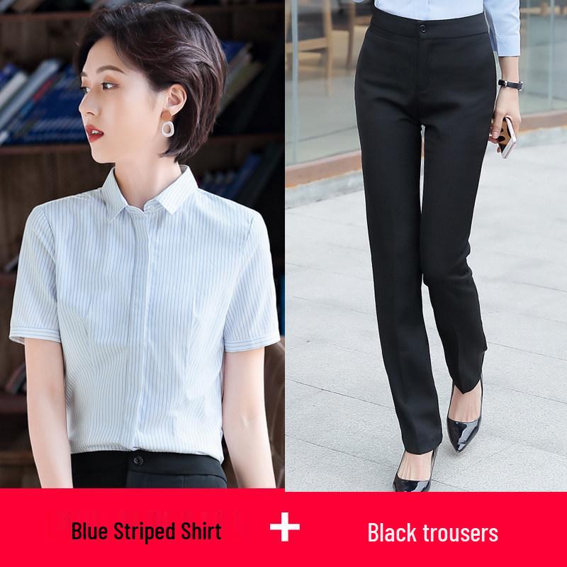 Women's Striped Professional Short Sleeve Shirt - Summer 2026 Slim Fit Formal Top for Business and Interviews