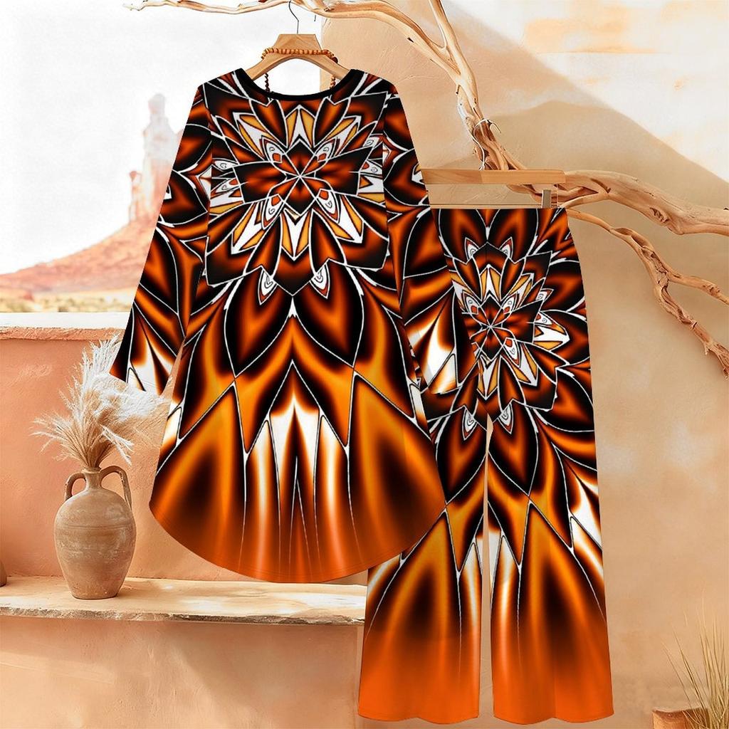 Distressed Floral Print Two Piece Outfit Women Long Sleeve Irregular Hem Tunic Top Wide Leg Pants Casual Matching Set