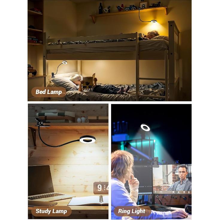 Clip on Lamp,5 Colors+10 Brightness LED Desk Lamp with Clamp,550lm Bright Clip on Light for Bed Headboard/Bedside Table,360°Adjustable Reading Light