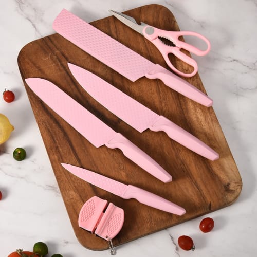 CHUYIREN Kitchen Knife Set, Pink Knife Set, High Carbon Stainless Steel Non-Stick Coated Chef Knife Set with Scissors and Sharpener for Women and Girl