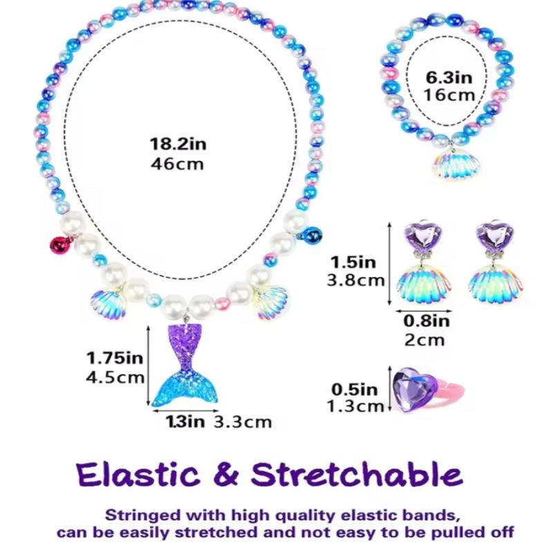 5Pcs/Set Mermaid Pearl Shell Necklace Pendant Earrings Rings Set Girl Princess Birthday Party Decorations Little Mermaid Accesso