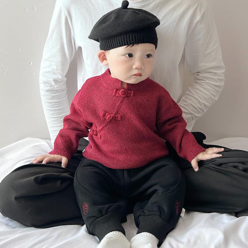 New Chinese New Year'S Clothing Set Baby Red Thickened Sweater Boys And Girls Chinese Style Festive Knitted Sweater Top