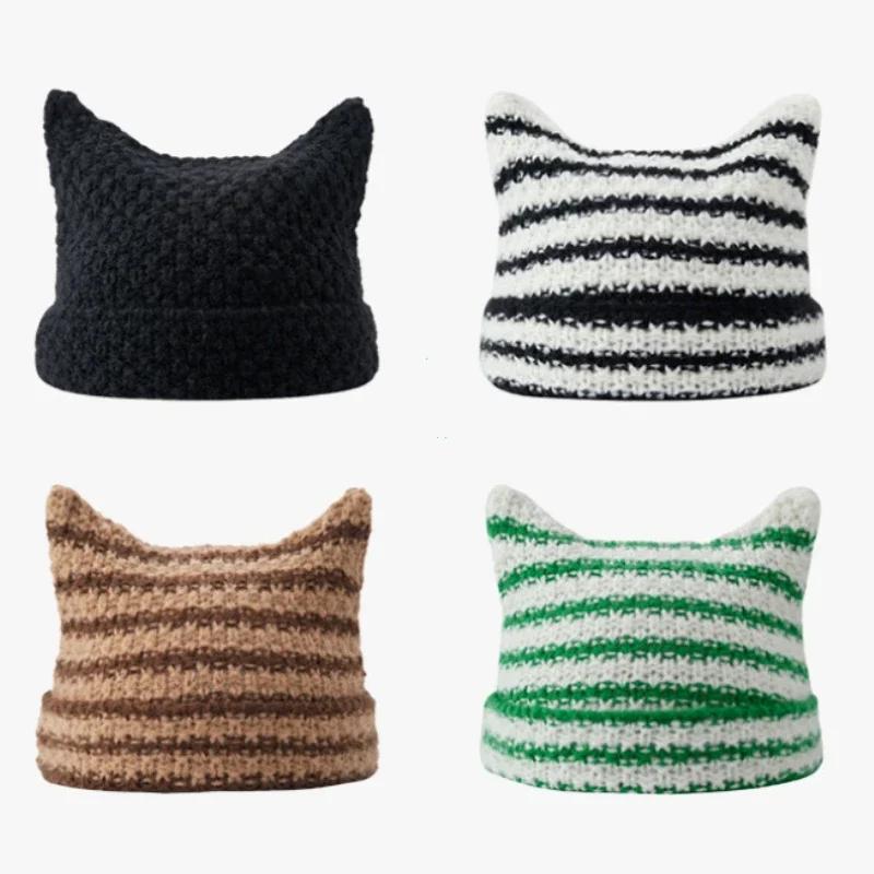 Nuovo Cappellino Streetwear Giapponese Harajuku Diavoletto a Strisce Cappello a Maglia Donna Ragazze Autunno Inverno Carino Cappellino con Orecchie da Gatto
