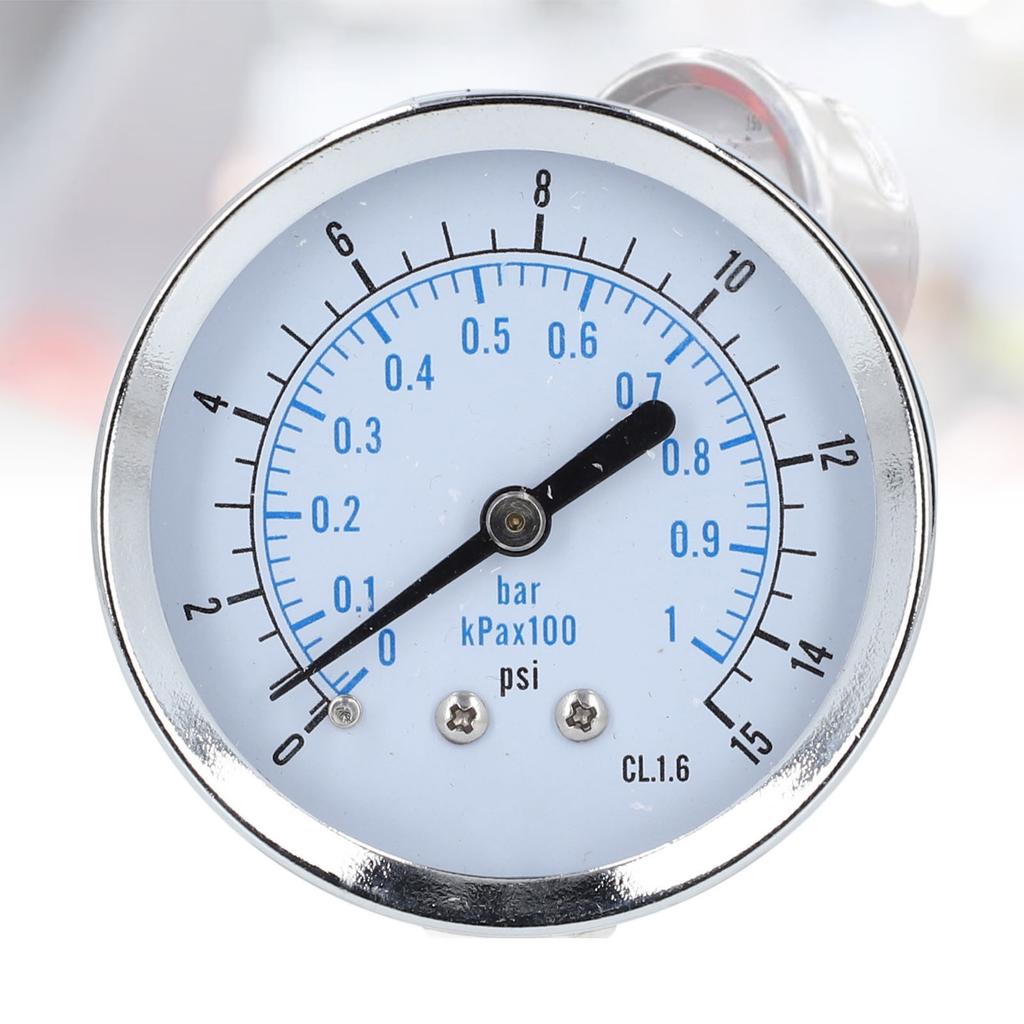 pressure gauge, dual scale 0 to 1 bar, 0 to 15 psi, with 1Celsius4 inch NPT thread and transparent cover for -water fuel systems in indu