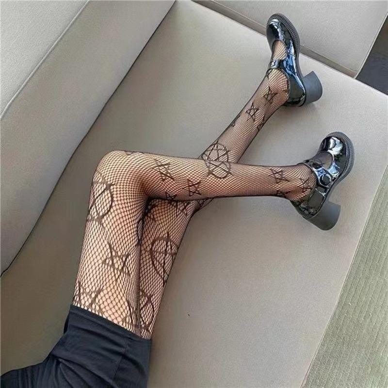 Fashion Sexy Women Pantyhose Tights Mesh Fishnet Pantyhose Nylon Print Five-Pointed Star Stocking Female Hosiery Conjoined Socks
