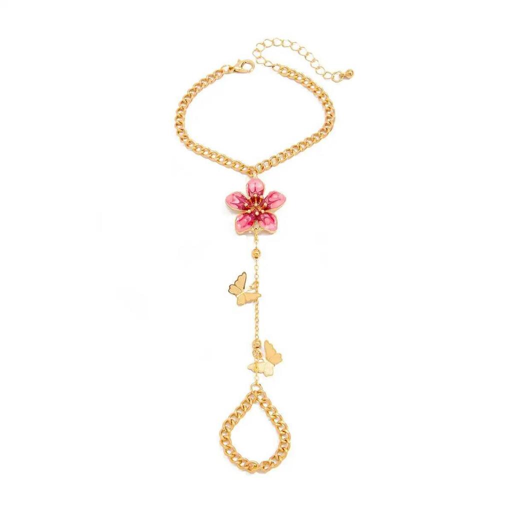 Ingemark Exquisite Sweet Butterfly Flower Finger Bracelet for Women Retro Drip Oil Flower Charm Bracelets Jewelry Hand Accessory