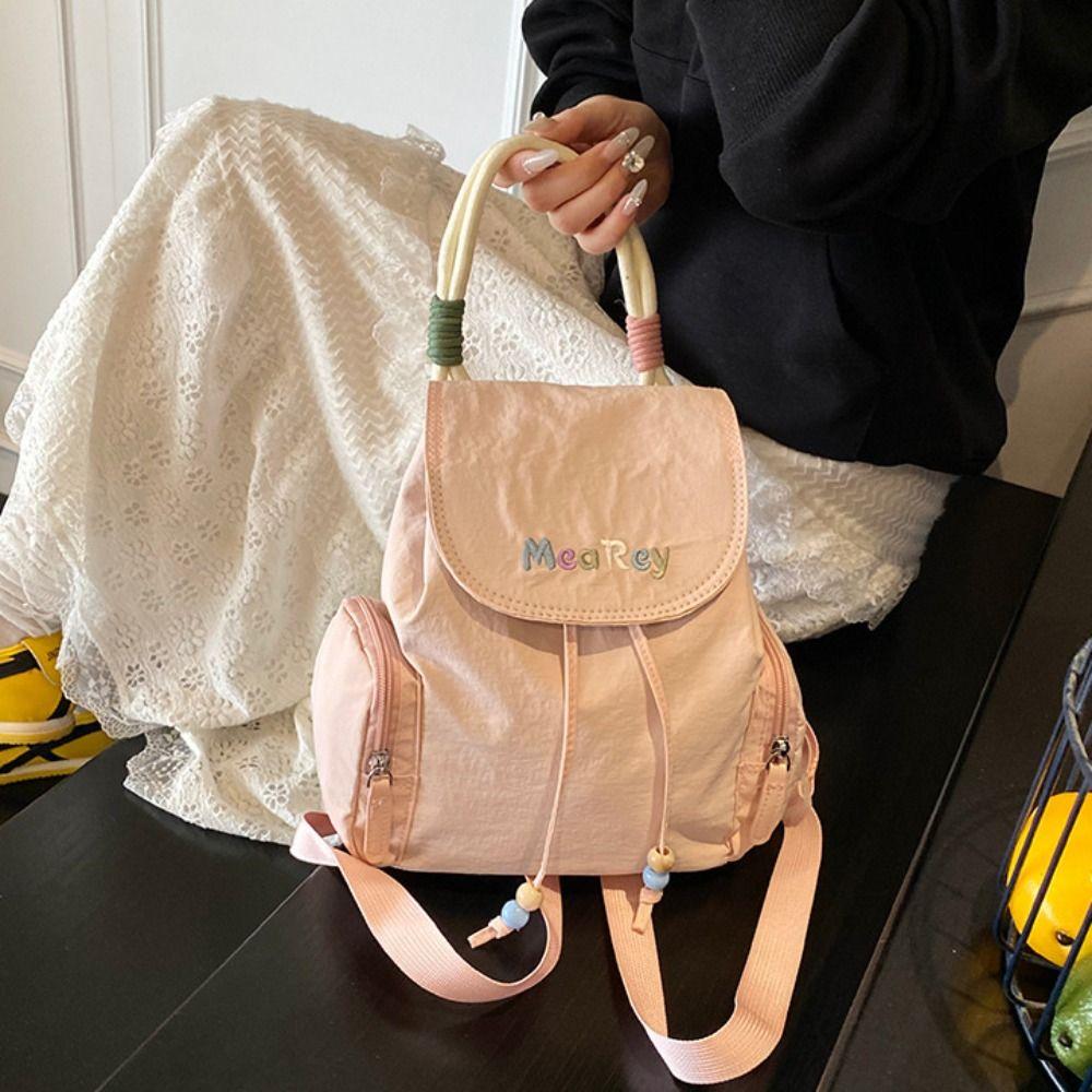Letter Embroidery Students School Bag Nylon Shoulder Bag Kawaii Drawstring Backpack  Outdoor