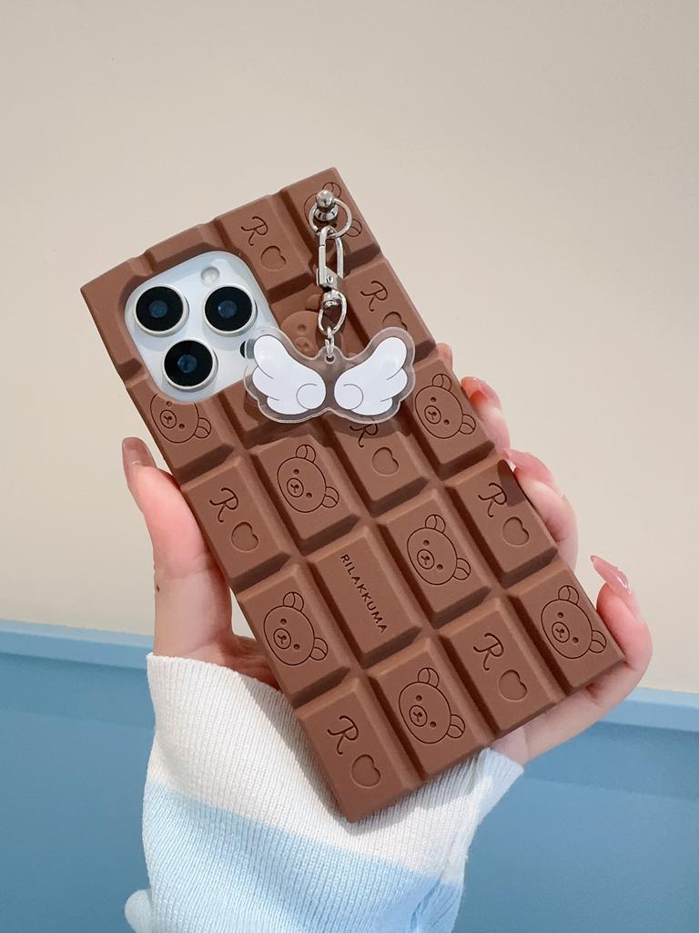 For iPhone 16 15 14 13 12 11 Pro Max 16promax So Cute Wing Key Chain Cartoon Rilakkuma 3D Chocolate Case Cover