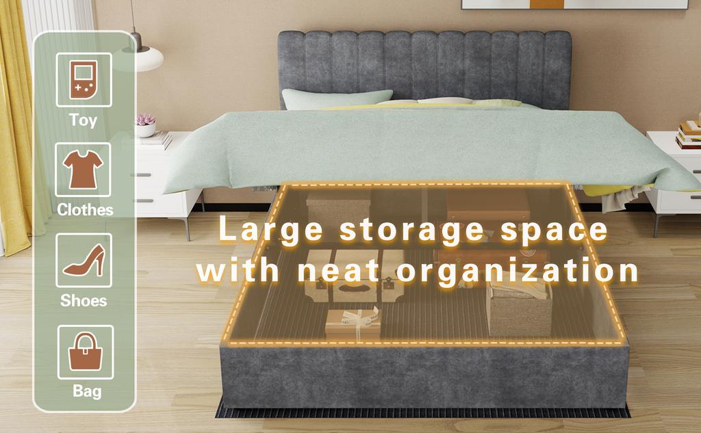 Modern Upholstered Bed with Comfortable Headboard, 160x200 cm, Grey, Multi-Functional Bedroom Furniture, High-Profile Storage Base, Included mattress.