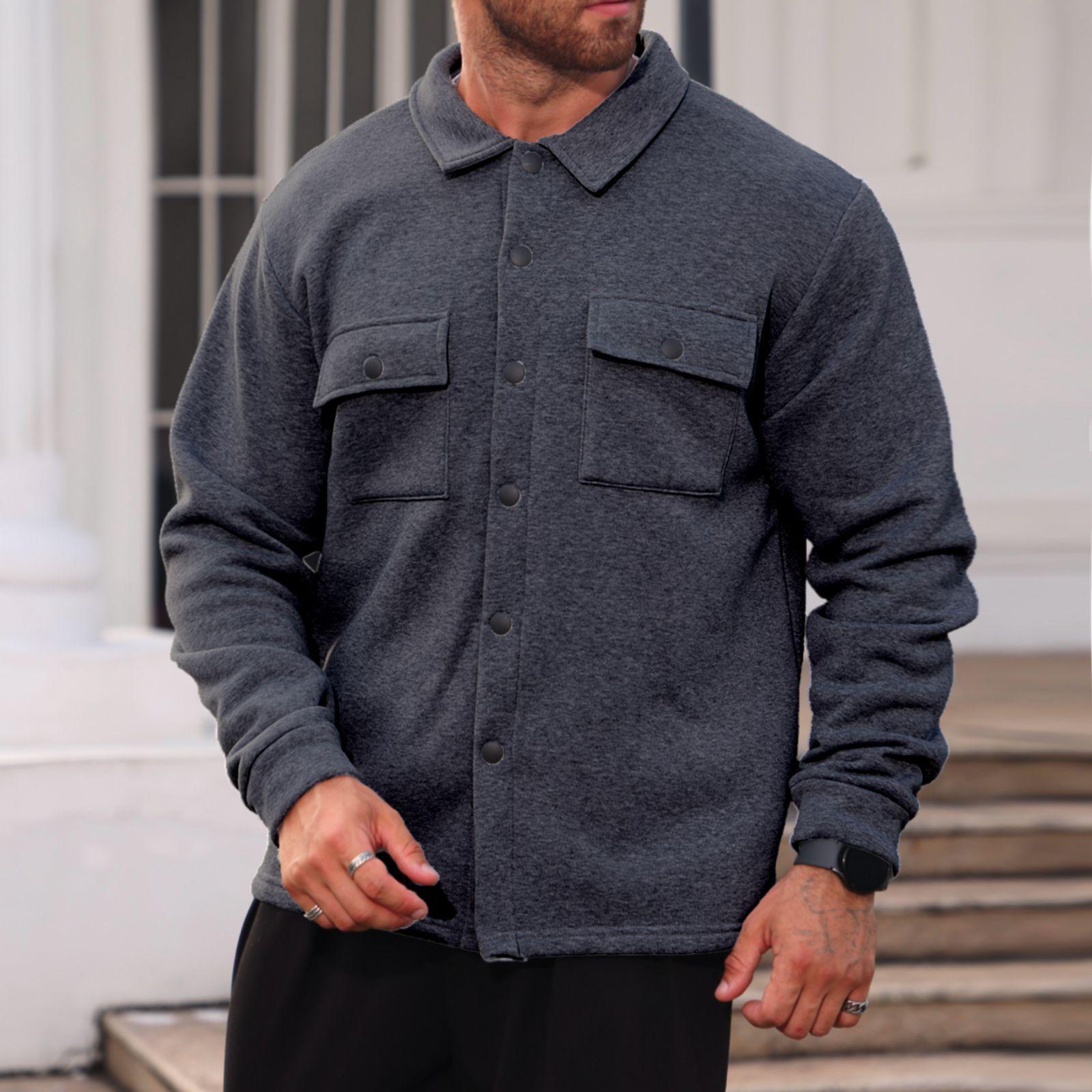 Men s Fleece-lined Collared Casual Plain Coat L