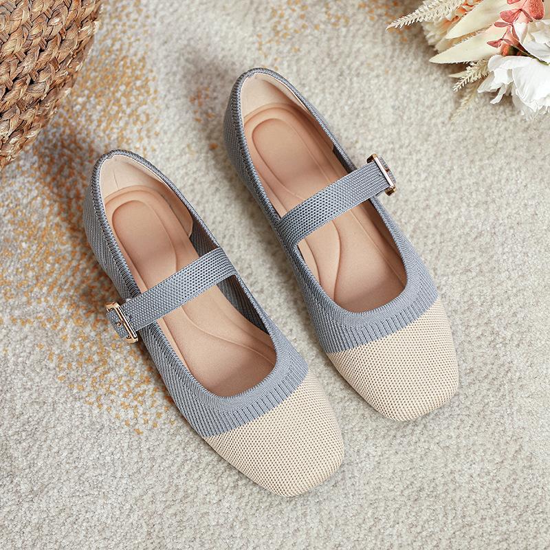

Spring and Autumn Flying Weaving Japanese One-word Buckle Mary Jane Shoes Women s Knitted Square Head Flat Sole Single Shoes Light Mouth Casual Ballet 41 світло-синій колір