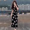 Large size French temperament Royal sister style black floral V-neck dress summer new slim-fitting belly long skirt