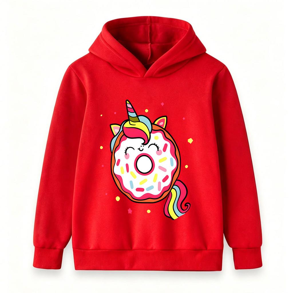 Kids Boys Girls Cute Unicorn Donut Print Pullover Hoodie Casual Long Sleeve Sweatshirt with Rainbow Sprinkles Cartoon Design for Children Daily Wear P