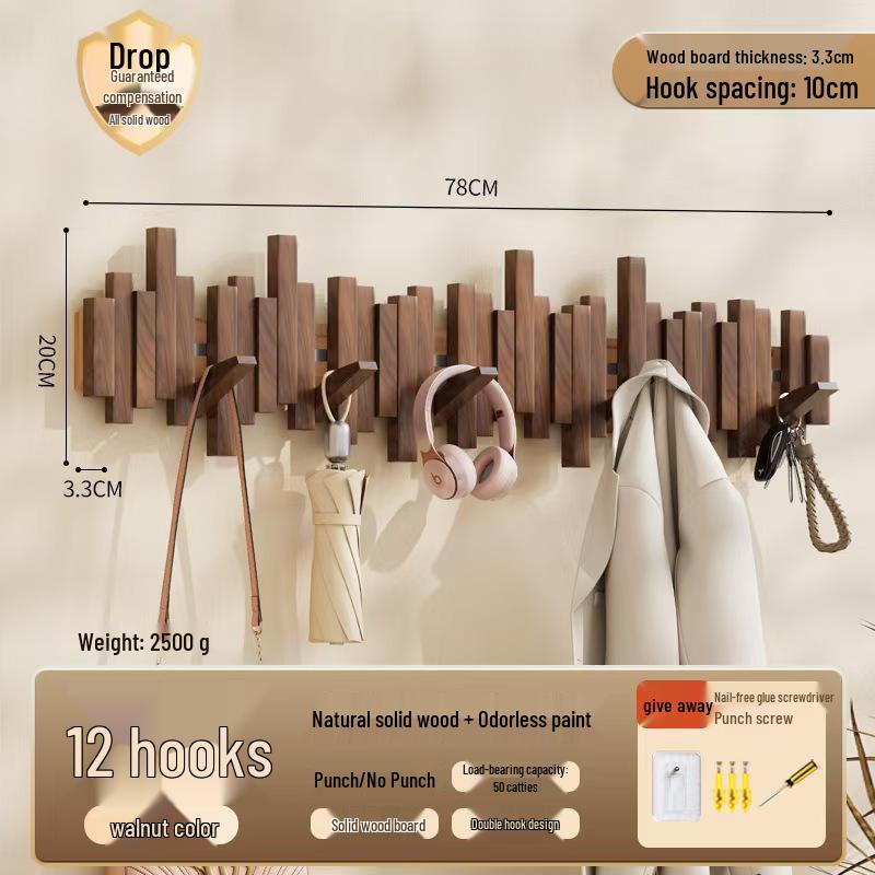 Solid Wood Coat Rack with Piano Key Hooks – Adhesive, No-Punch Design for Wall or Door