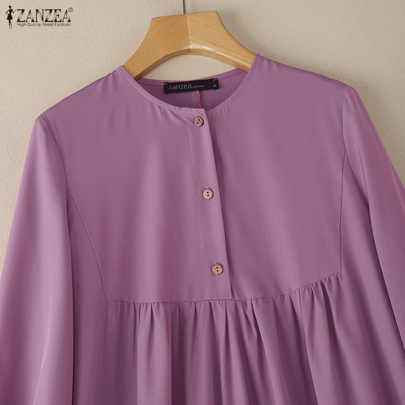 ZANZEA Women Casual Round Neck Solid Color Loose Long Sleeve Dress