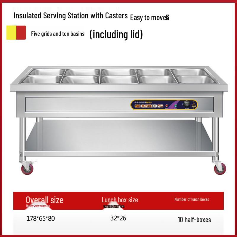 Stainless Steel Mobile Food Warming Table with Casters - Insulated Hot Dish Serving Cart