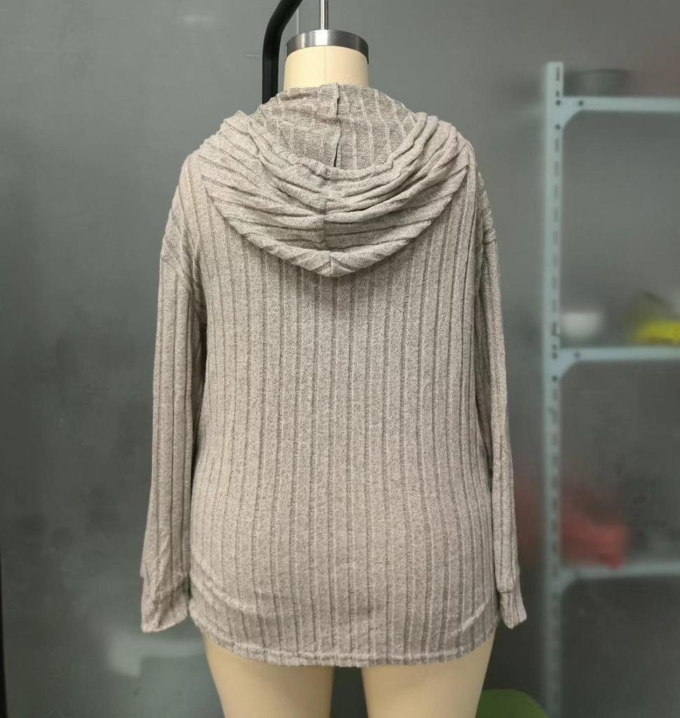 2025 Autumn/Winter V-Neck Plus Size Women's Hooded Ribbed Long Sleeve T-Shirt