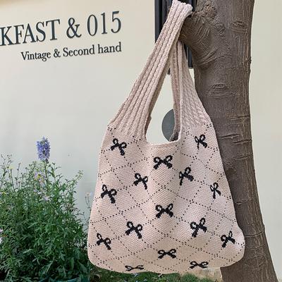Damen Strick Schultertasche Große Kapazität Häkel Einkaufstasche Kontrastfarbe Reise Einkaufs Handtasche Damen Tägliche Handtasche