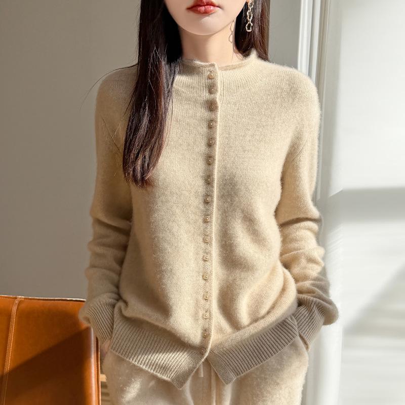 Plus Size Knit Wool Cardigan Sweater with Stand Collar - Women's Long Sleeve Autumn/Winter Fashion