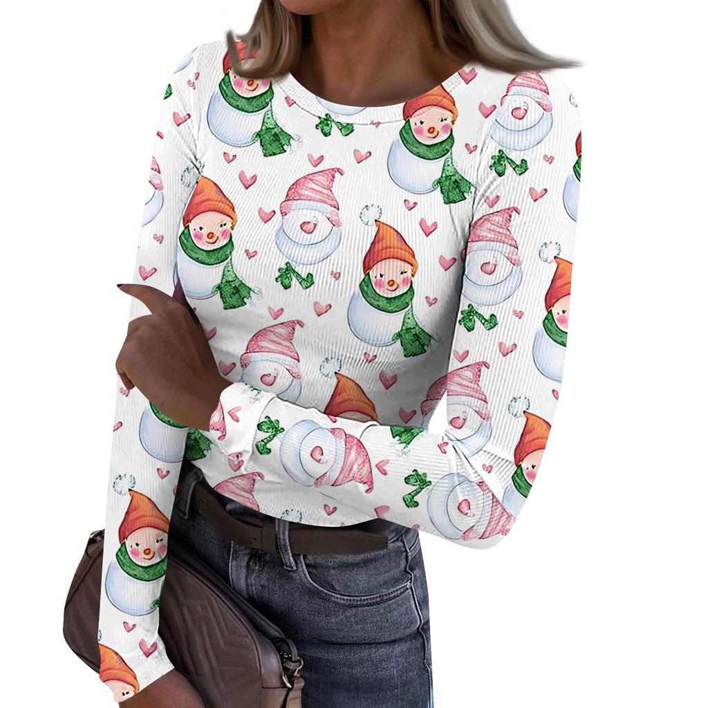 Γυναικείο Μοντέρνο Μπλουζάκι Βασικής Στρώσης Στενής Γραμμής με Στρογγυλή Λαιμόκοψη και Χριστουγεννιάτικη Εκτύπωση, Μακρυμάνικο Τοπ