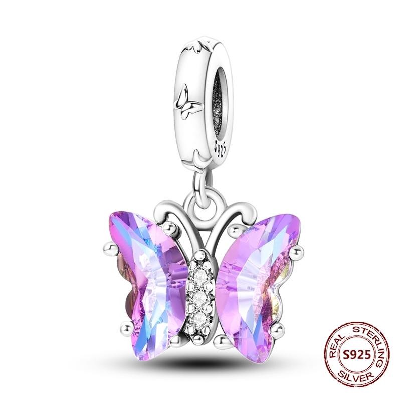 Butterfly Charm copper Authentic Pink Blue Zircon Fly Butterflies Safety Chain Clip Charm Bead Charms Compatible With Bracelets Do It Yourself Jewelle
