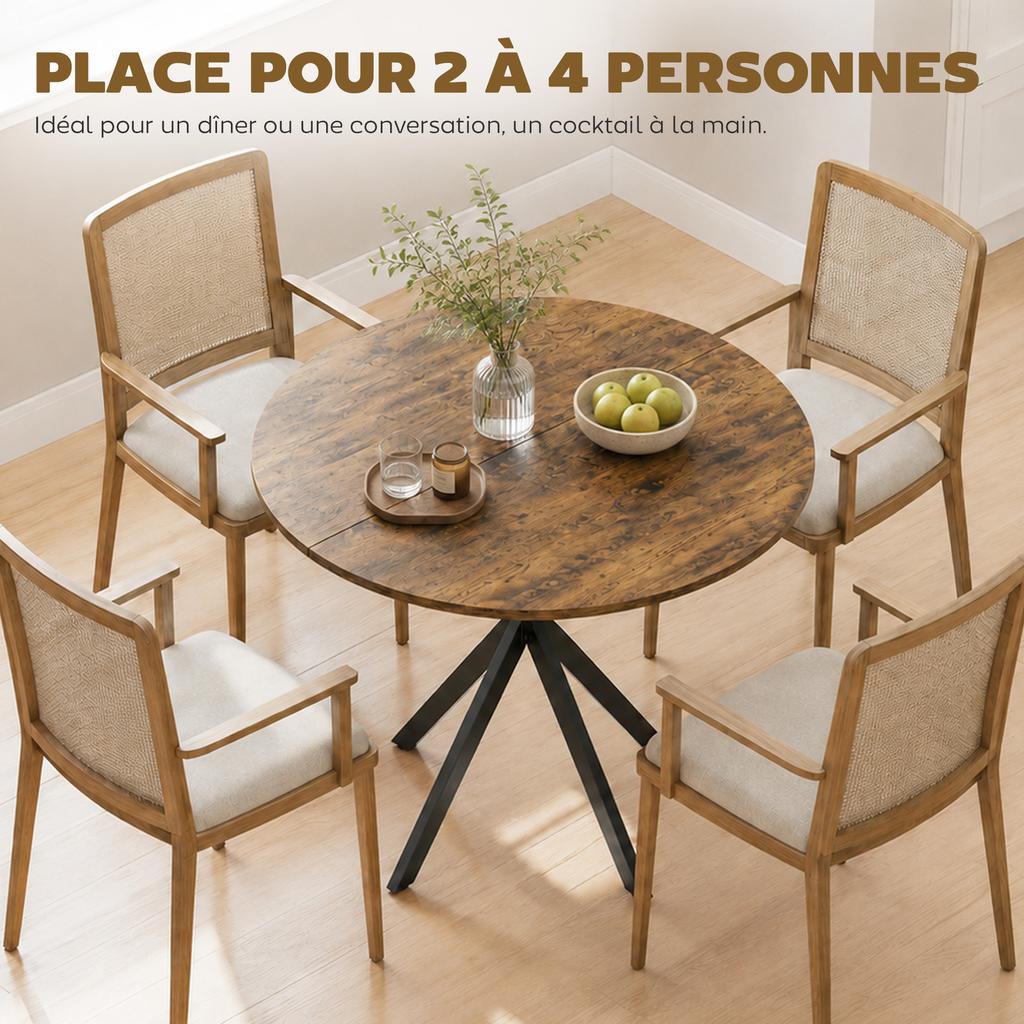 Round Dining Table for 2 People with Wood-Look Top and Crossed Steel Legs, Rustic Brown