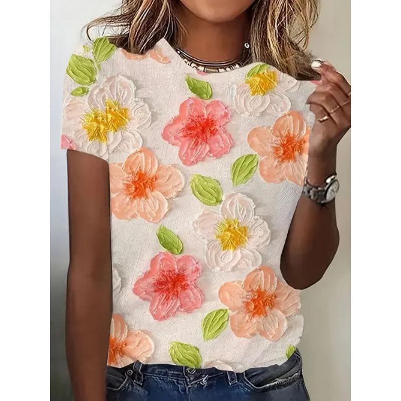 

Летняя повседневная универсальная женская футболка с коротким рукавом с растительным узором 6xl
