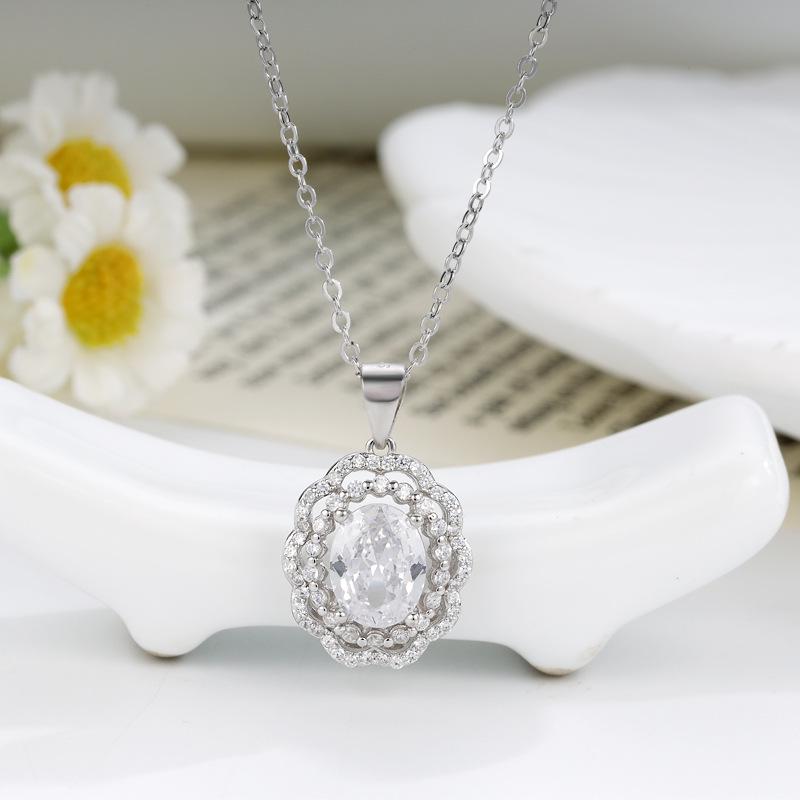 European & American Style S925 Oval Zircon Necklace: Versatile High-End Geometric Gemstone Pendant for Women