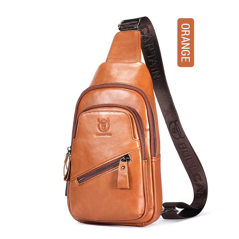 Ekte skinn slyngeveske for menn Retro skulderveske Brystveske med flere lommer med USB-ladeport
