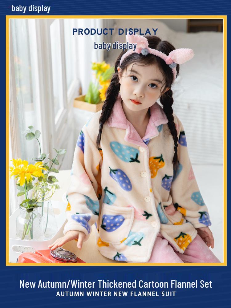 Kids' Flannel Pajama Set - Thick Coral Fleece Cardigan for Boys & Girls, Perfect for Autumn & Winter.