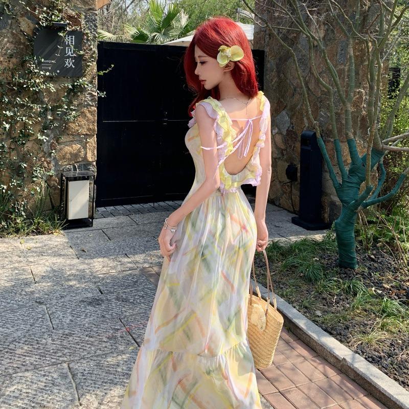 Sommerinsel Romantischer Druck Kontrastfarbe Rüschenrand Träger Großes Neckholder Taillenkleid Urlaubsfee Langes Kleid