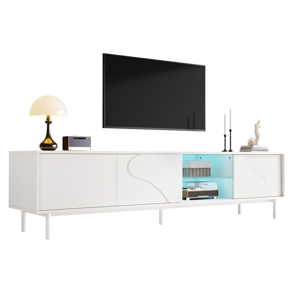 White TV Cabinet with Three Sliding Doors, MDF, Glass Shelf, App-controllable LED Lighting, Thin Steel Legs, Minimalist Living Room Storage Cabinet