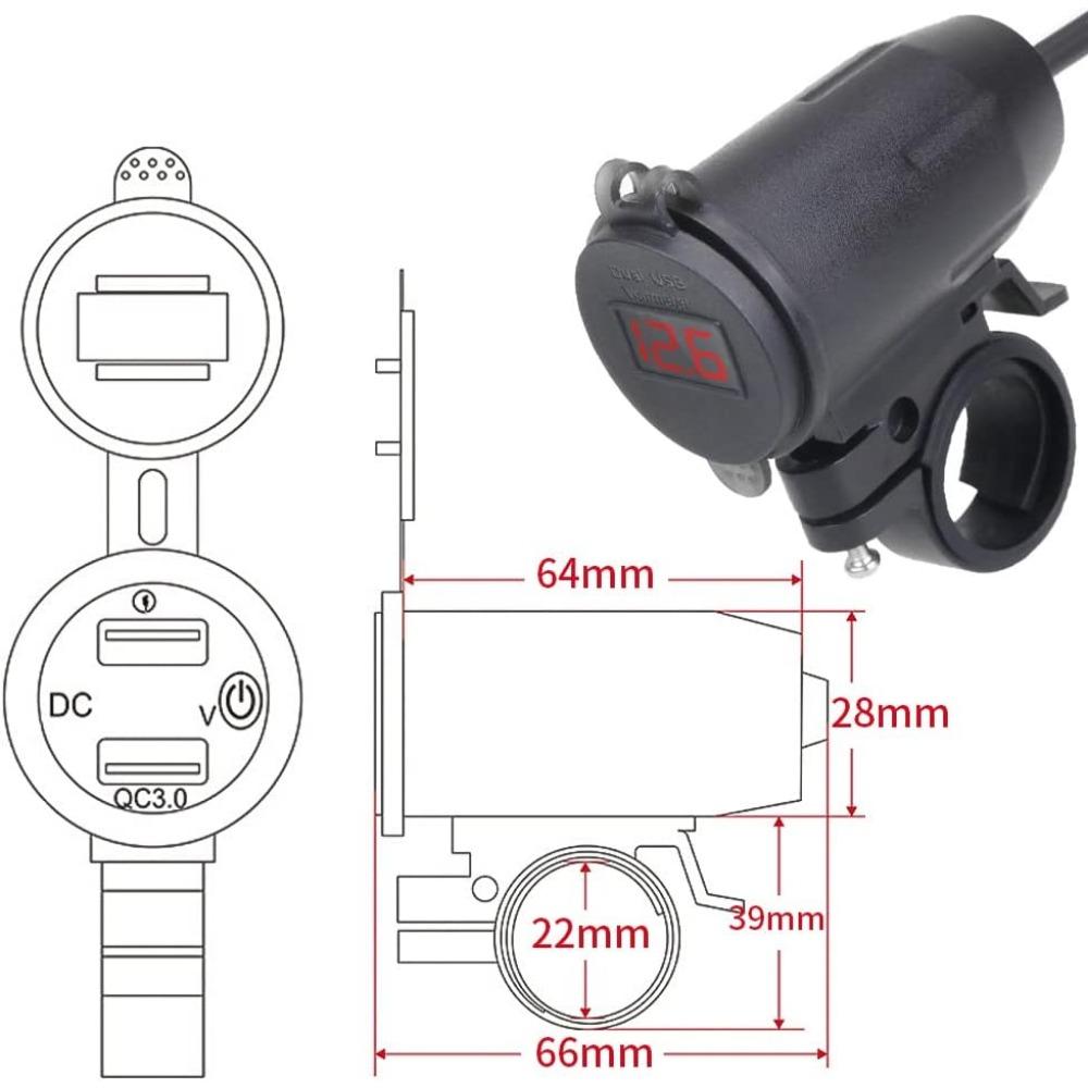 Presa USB per Moto, Caricabatterie per Auto 12V/24V con Doppia Presa USB QC3.0, Presa Caricabatterie per Auto con Voltmetro LED Adattatore per Moto Camper Auto Camion