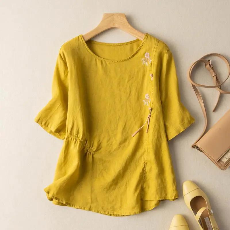 Haut à manches courtes pour femmes avec bouton plat littéraire printemps et été, T-shirt brodé ample vintage