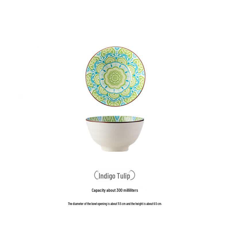 DeRuiEn Bohemian Underglaze Ceramic Threaded Rice Bowl 4.5 inch (3-pack)