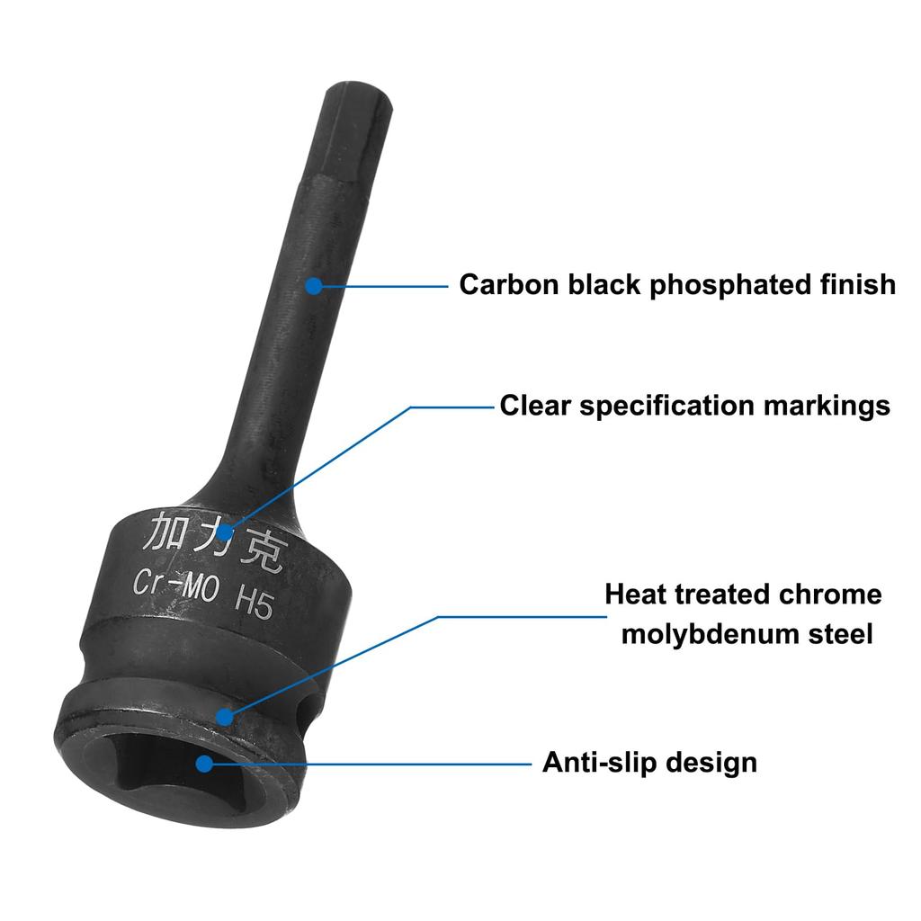 Uxcell 6 szt. Nasadka udarowa sześciokątna z chwytem 1/2" x H5, metryczna długość, stalowa, do użytku z wkrętarkami udarowymi i ręcznymi grzechotkami (5 mm) 2.36" CR-MO