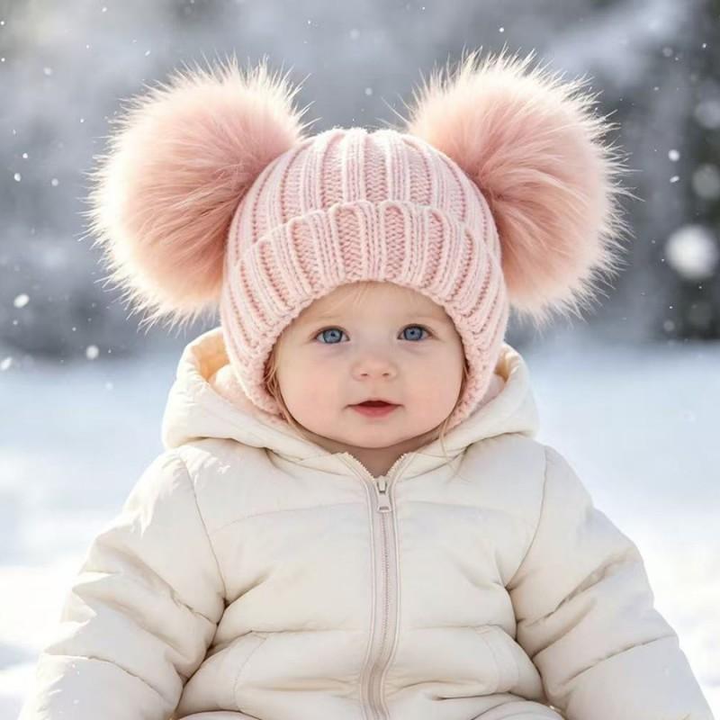 Kids Warm Knitted Beanie Hat With Double Pom Poms Striped Roll Edge Unisex Winter Cap Toddlers Children