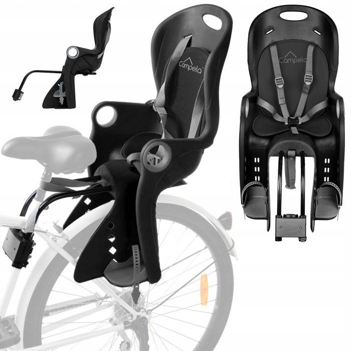 Siège vélo arrière enfant 22 kg, harnais 5 points, montage cadre ou porte-bagages - Campela (CA0060BLK)
