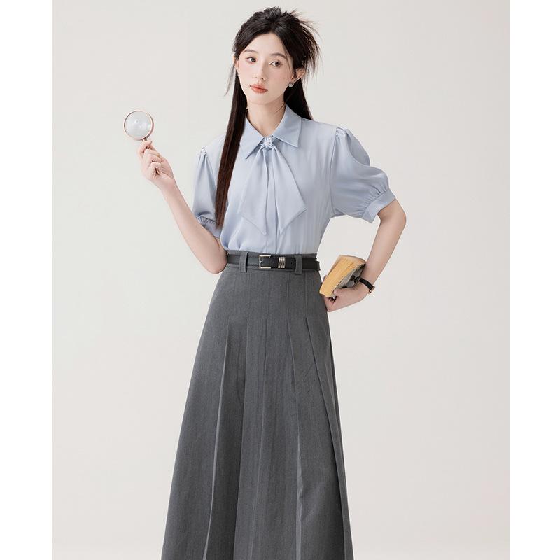 Summer interview dress satin streamer short-sleeved shirt women + pleated suit skirt skirt suit