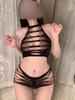 Sexy Lingerie Three-point Hollow Striped Seduction Onesie European and American Pure Desire Two-piece Set