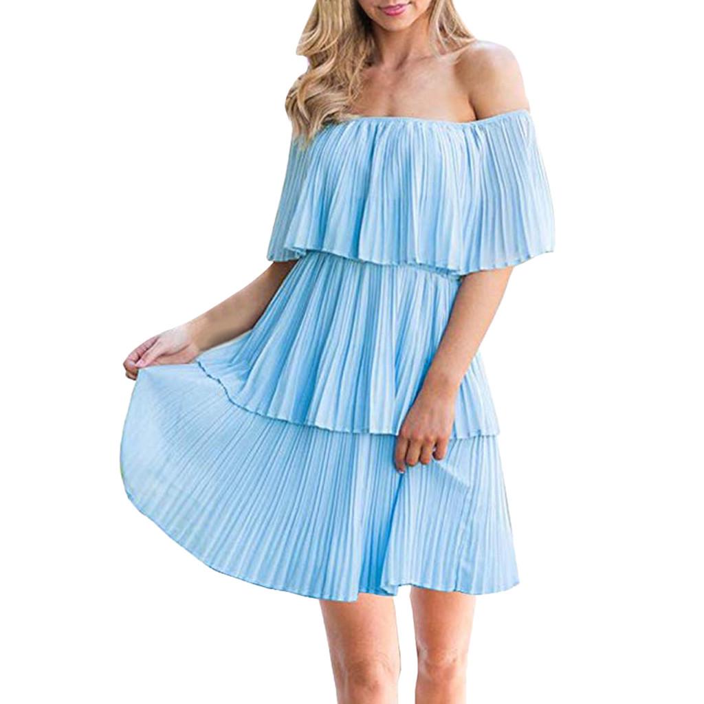 Women's Casual Off The Shoulder Sleeveless Tiered Ruffle Pleated Short ...