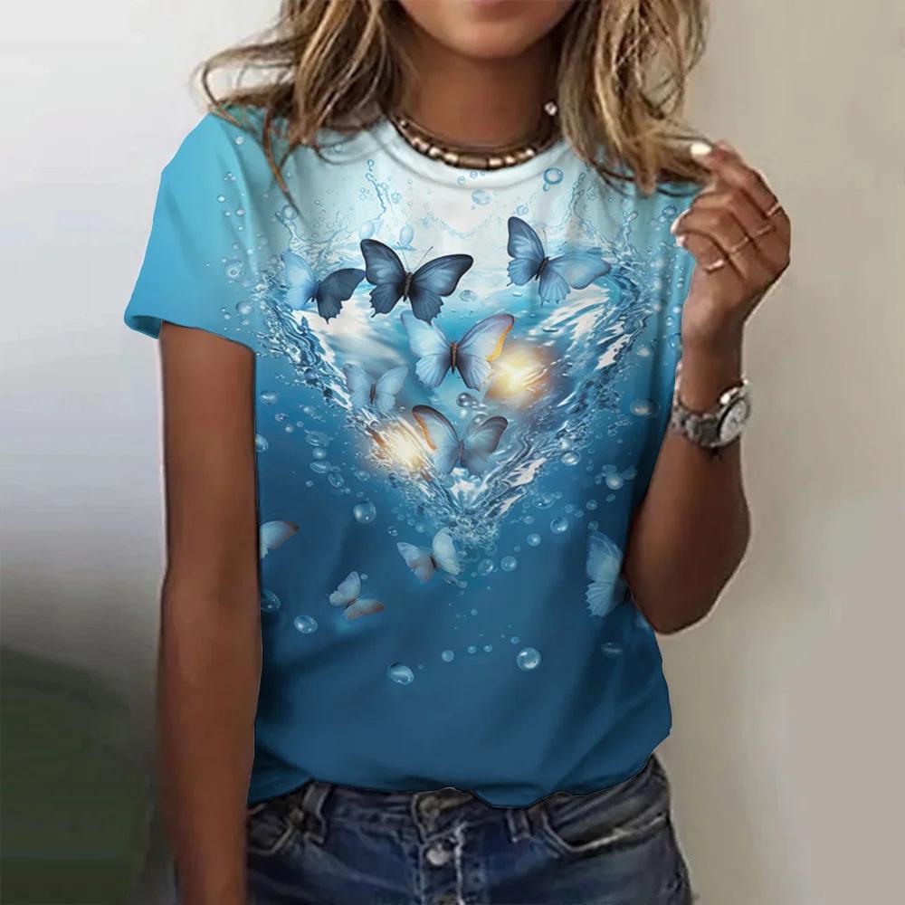 Butterfly and Flower Pattern 3D Digital Printing Women's Fashion Round Neck Short Sleeve T-shirt