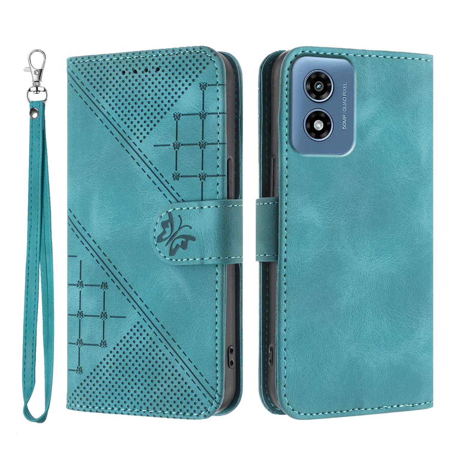 

For Motorola Moto G Play (2024) 4G Leather Wallet Case Butterfly Flower Imprinted Phone Cover with Strap E