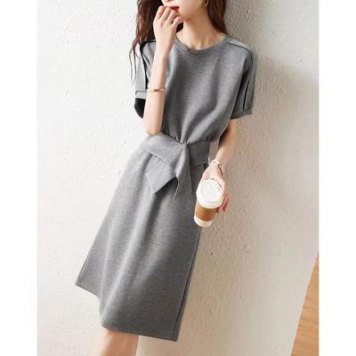 New Summer Korean Version of The Waist-closing and Slim Casual and Versatile Temperament Round Neck Dress Solid Color