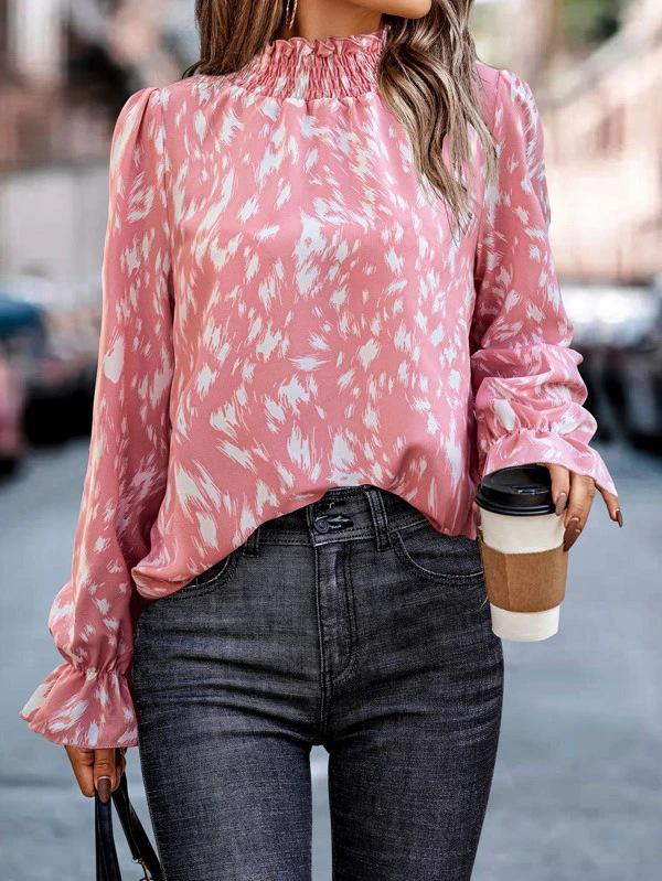 Women's European-American Style Polyester Pullover, Long Sleeve Semi-High Neck Loose Fit Shirt