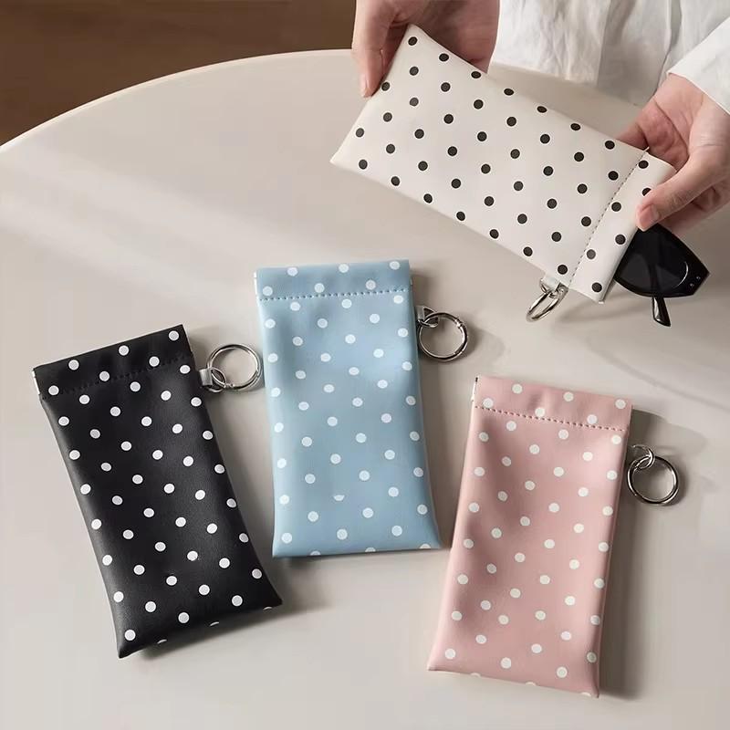 Polka Dot Eyeglass Pouch with Keychain Portable Anti-Scratch Glasses Case for Students School Daily Carry